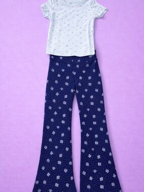 Juniors Navy Floral Bell-Bottom Pajama Pants and White Tee Set